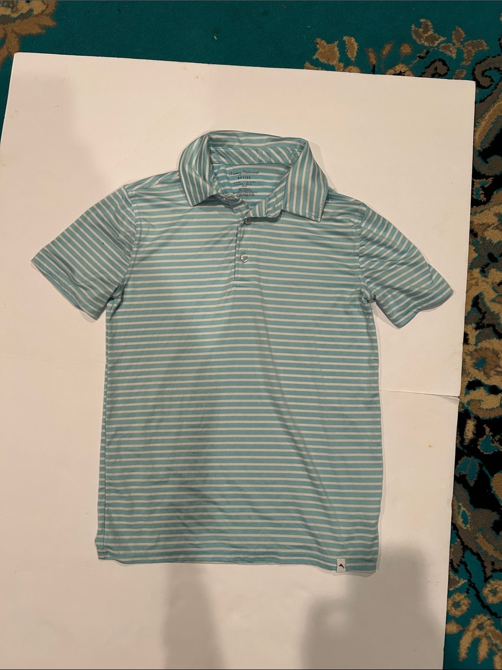 Tommy Bahama Active Boys XL 14 Blue White Striped Performance Golf Polo